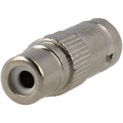 Conector BNC metálico prateado com corpo texturizado