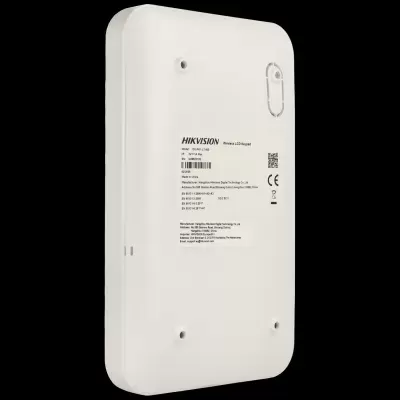 Dispositivo retangular branco Hikvision Wireless LCD Keypad com etiqueta e texto técnico