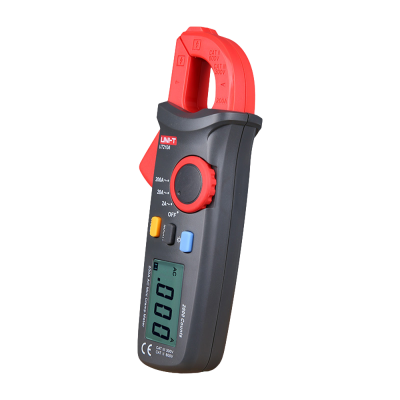 Alicate medidor digital de corrente UNI-T UT210A preto e vermelho com ecrã e botões coloridos