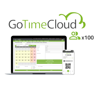Software GoTimeCloud em laptop e smartphone com interface e código QR