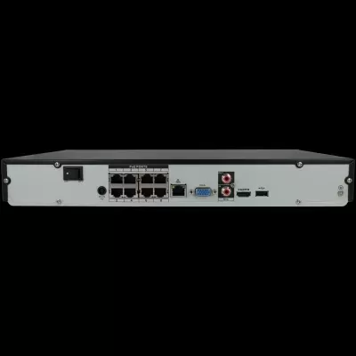 Parte traseira de dispositivo com portas PoE, Ethernet, VGA, HDMI, USB e conectores audio RCA