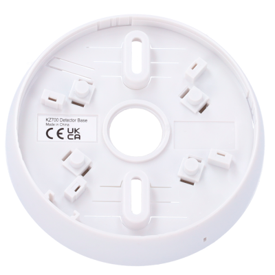 Base do detector KZ700 em plástico branco com etiqueta e orifício central
