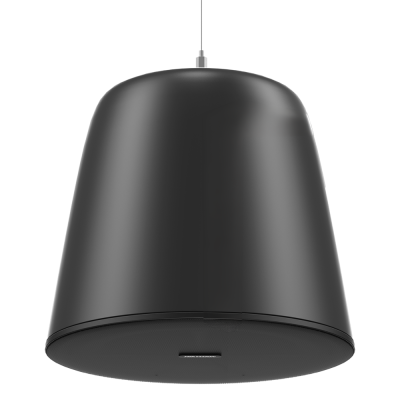 Coluna de som preta pendurada com grelha circular inferior e rótulo HIKVISION