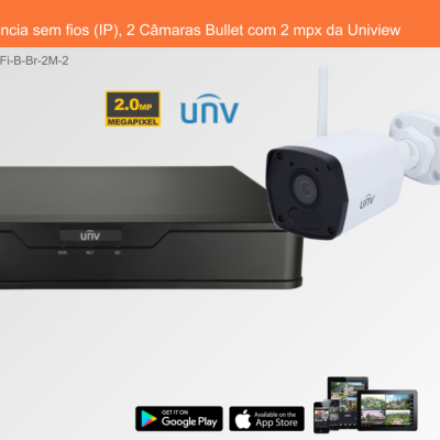 Sistema de videovigilância sem fios, 2 câmaras bullet brancas Uniview, gravador preto com marca UNV.