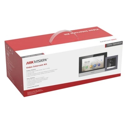 Caixa de kit de videoporteiro Hikvision em vermelho e branco com imagem do dispositivo