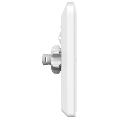 Vista lateral de produto eletrónico branco com suporte metálico prateado ajustável
