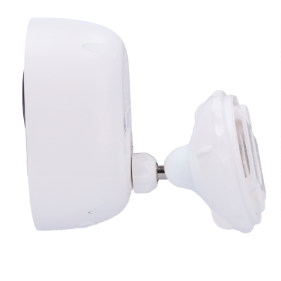 Câmara de segurança branca com suporte ajustável perto de objeto cilíndrico cinzento