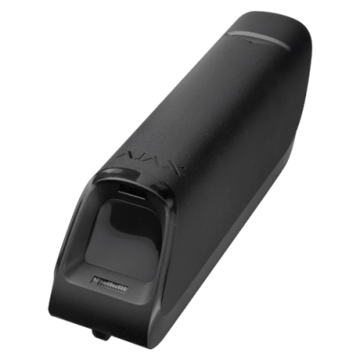 Dispositivo eletrónico preto com botão e texto AJAX