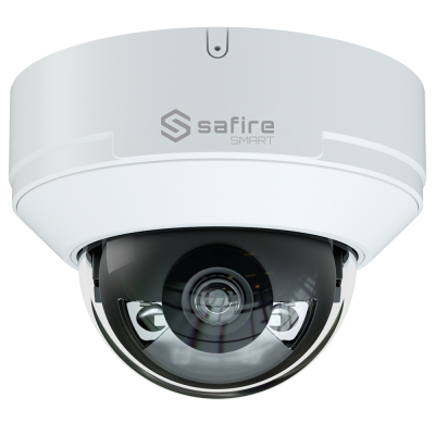 Câmara de segurança domo branca com cúpula de vidro e logo safire SMART