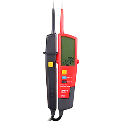 Medidor digital de voltagem e corrente vermelho e preto com ecrã LCD.