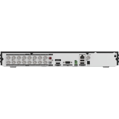 Painel traseiro de aparelho com múltiplas entradas BNC, áudio RCA, HDMI, VGA, LAN e alimentação 12V