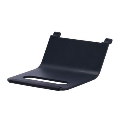 Suporte preto de plástico para dispositivo com presilhas e recorte