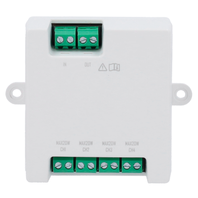 Dispositivo elétrico com conectores verdes e etiquetas IN, OUT, MAXZOW CH1 a CH4.