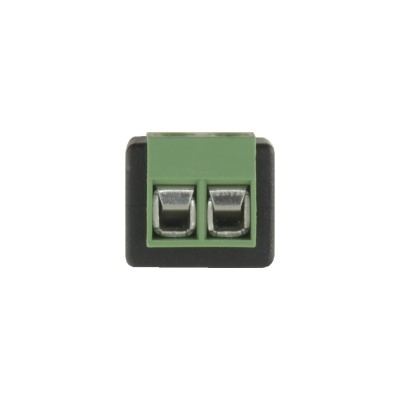 Conector elétrico preto e verde com dois terminais metálicos