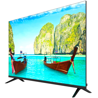 Televisor plano com imagem de mar e barcos vermelhos