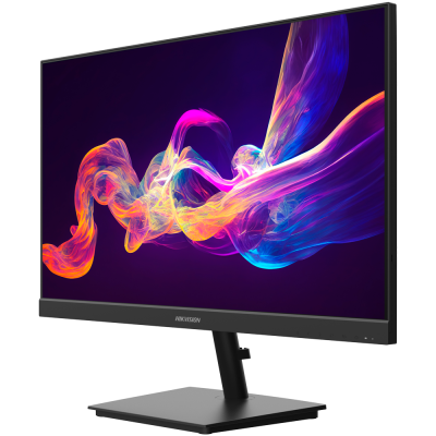Monitor preto HIKVISION com imagem colorida abstrata no ecrã