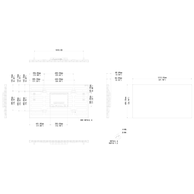 Desenho técnico com dimensões em mm e polegadas de uma peça retangular com detalhes e vistas laterais.