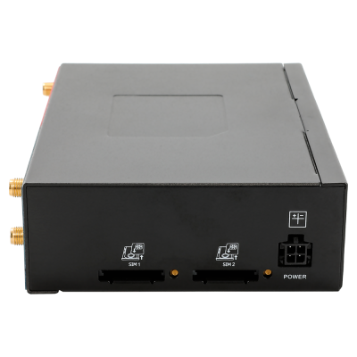 Dispositivo eletrônico preto com slots para SIM e entrada de power