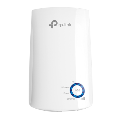 Repetidor Wi-Fi TP-Link branco com luzes e texto indicativo na parte frontal