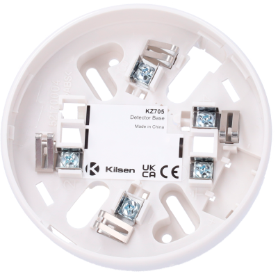 Base de detector circular branca com suportes metálicos e etiqueta com texto KZ705 Detector Base Made in China.