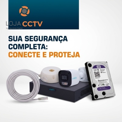 Kit CCTV com câmara, gravador Uniarch, cabo de rede, suporte circular e disco rígido WD Purple 2TB