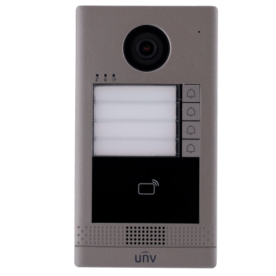 Intercomunicador metálico cinza com câmara e botões de campainha