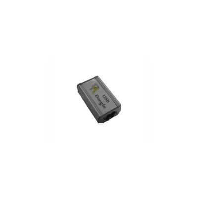 Dispositivo USB Dongle cinza e preto com texto visível em fundo branco