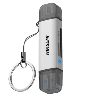 Pen USB branco com tampas cinzentas translúcidas e chaveiro metálico