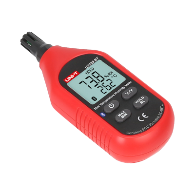 Dispositivo eletrónico vermelho de medição de temperatura e humidade com ecrã digital e botões