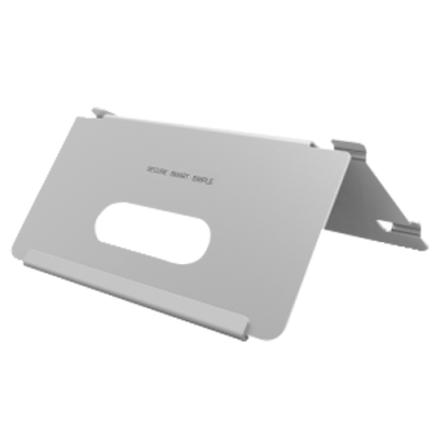 Suporte de mesa dobrável cinzento para dispositivos com abertura central e texto impresso