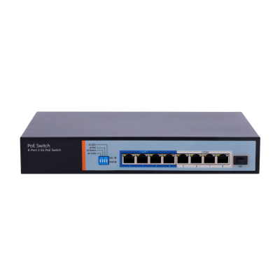 Switch PoE de 8 portas cinza escuro com portas Ethernet e etiquetas visíveis