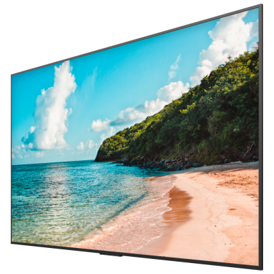 Televisão curva a mostrar praia com areia rosa e colina verde