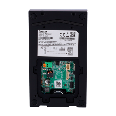 Dispositivo eletrônico Akuvox modelo R20A-2 visto por trás, com placa de circuito interna visível.