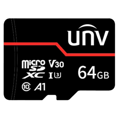 Cartão microSDXC preto UNV 64GB com texto branco e linha vermelha