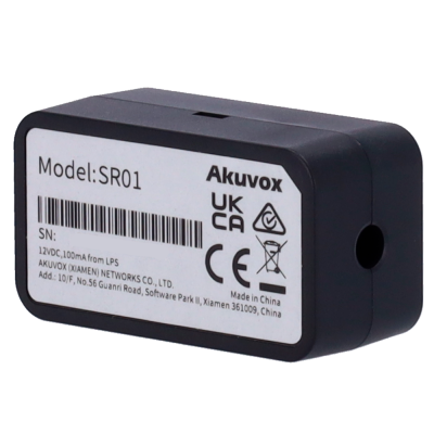 Produto eletrónico Akuvox modelo SR01 com etiqueta branca e caixa preta