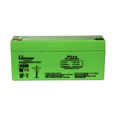 Bateria verde recarregável AGM 6V com texto de especificações e segurança