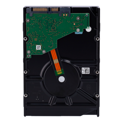 Disco rígido interno com placa verde de circuito impresso e conectores SATA.