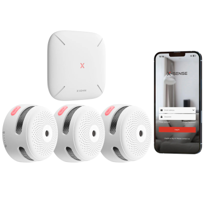 Dispositivos de segurança X-SENSE com detectores e unidade central e app no smartphone