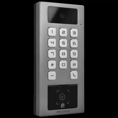 Painel intercomunicador digital cinza metálico com teclado e câmara