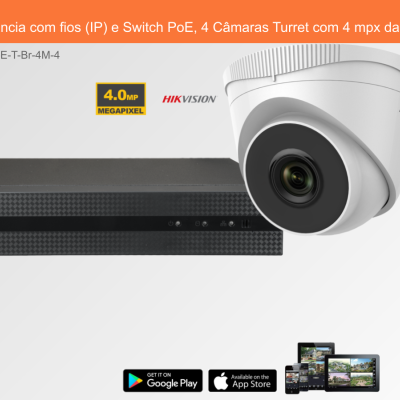 Sistema de videovigilância Hikvision com 4 câmaras turret brancas e gravador preto