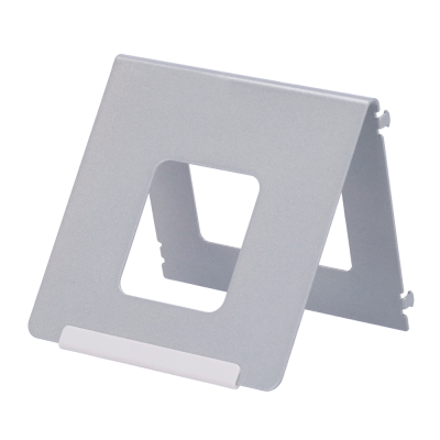 Suporte cinza para tablet ou livro em metal com base branca