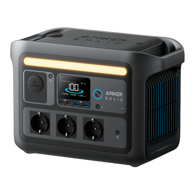 Estação de energia portátil antracite com ecrã digital, tomadas, portas USB, botão de energia e luz LED amarela.