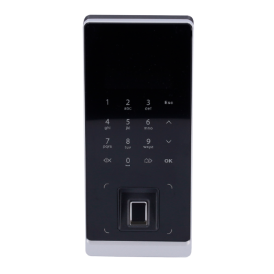 Fechadura digital preta com teclado numérico e leitor de impressão digital