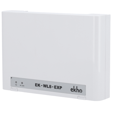 Dispositivo eletrônico branco EK-WL8-EXP da ekho com luzes indicadoras PW e RF LINK