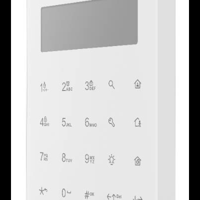 Painel branco de controlo de alarme HIKVISION com ecrã digital e teclado numérico
