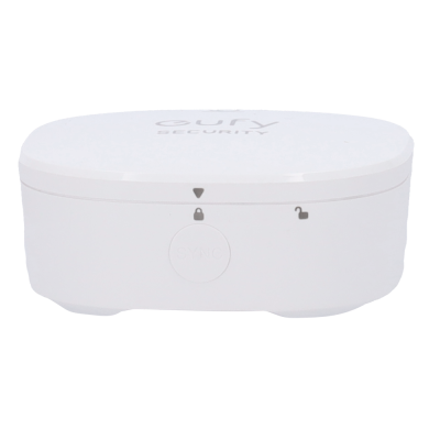 Caixa branca de plástico da EUFY SECURITY com botão SYNC e ícones de cadeado