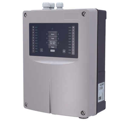 Dispositivo eletrónico cinzento com painel frontal preto e etiquetas indicativas