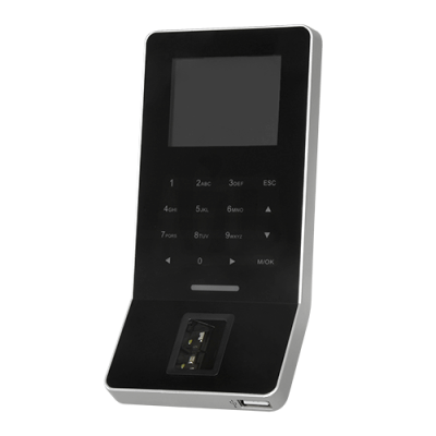 Dispositivo biométrico preto com ecrã e teclado numérico