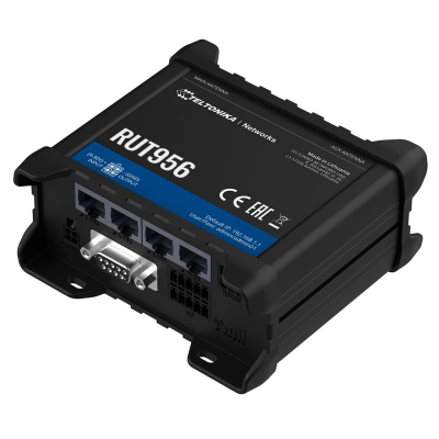 Roteador industrial Teltonika RUT956 preto com várias portas