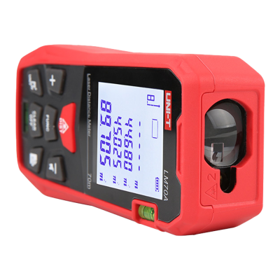 Medidor de distância laser vermelho com visor digital e botões.